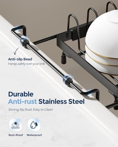 Nacial 2-in-1 Small Dish Drying Rack Fits 14''–21.8'' Sink, Dish Drainers for Kitchen Counter Extend Kitchen Sink Drain Basket with Utensil Holder & Auto-Drain Tray, Stainless Steel Plate Rack, Black 7