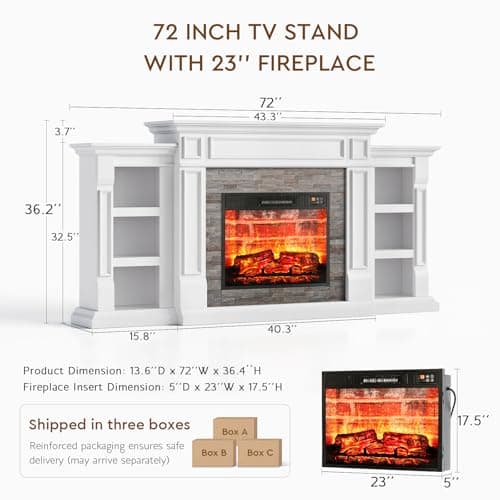 LGHM 72" Electric Fireplace with Mantel, Fireplace TV Stand for TVs Up to 80 Inch, Modern Entertainment Center with Storage, Fireplace Heater Insert with Realistic 3D Flame for Living Room 7