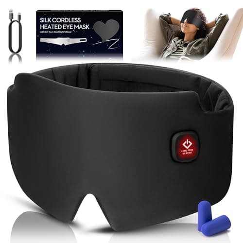 Silk Heated Eye Mask, 2000mAh Large Size Cordless Sleep Mask Warm Eye Compress Electric Heating Pad for Stye Blepharitis Dry Eyes Sinus Migraine Gifts for Men and Women (Black)