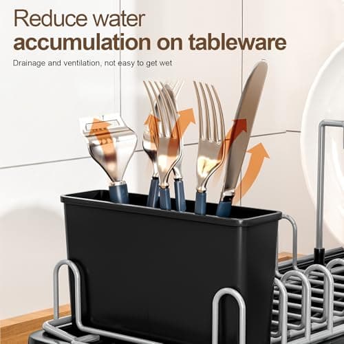liucocotos Compact Dish Drying Rack for Countertop, Small-Sized for Dorms, RVs & Tiny Kitchens, Auto-Drain, Adjustable Slots, Rust-Resistant with Utensil Caddy & Sponge Holder (Black) 5