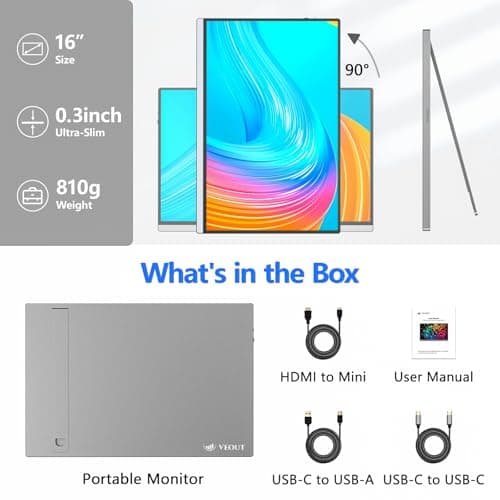 Veout External Second Screen for MacBook Pro (Silver), 1920x1200 IPS 16 inch Travel Monitor with Aluminum Metal Stand, Dual Type-C/Mini HDMI 16:10 Portable Display for iMac/Laptop/Mini PC 9