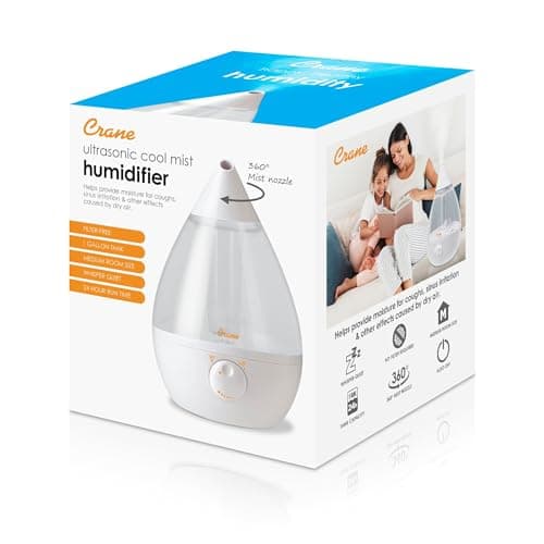 Crane White Teardrop Ultrasonic Cool Mist Humidifier, 1 Gallon Auto Shut-Off for Large Room, Baby Nursery, Bedroom Office, Clear & White 8