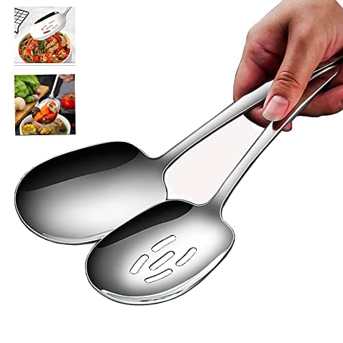 SIAIQIANG Extra Large Serving Spoons Set,18/8 Stainless Steel Slotted Spoon and Serving Spoon,9.8 Inch Buffet Spoons Set,Tabletop Flatware Utensil (2pack)
