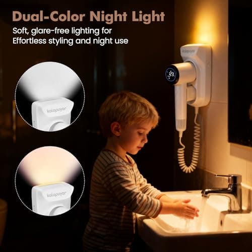 Kalapuyar 2026 Wall-Mount Hair Dryer 4 Heat 2 Speed Settings High-Speed 1600W Bathroom Blow Dryer with LED Nightlight White 7