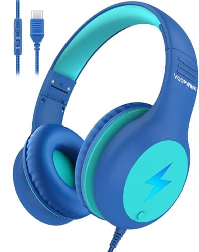 Voopwink Kids Headphones Wired with Microphone, USB Type C Headphones for Kids Girls Boys with Cord/LED Lights/85/94dB Volume Limit, Portable Over Ear Headphones for School/Travel/Tablet/iPad