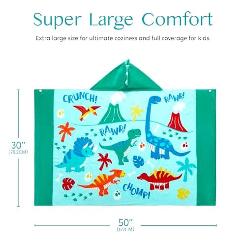 Joiedomi Dinosaur Hooded Towels for Kids Soft 100% Cotton Kids Beach Towel 30" x 50" for 3-10 Years Boy Girl Beach Hooded Poncho Absorbent Pool Toddler Swim Bath Wrap 6