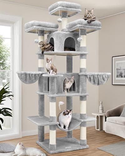 Globlazer Big Cat Tower for Indoor Cats, 80inch Cat Tower for Multiple Adult Cats XXL Cat Tree with Scratching Post, Hammock, 3 Perches, 2 Condos, 2 Hanging Basket, F80, Light Grey