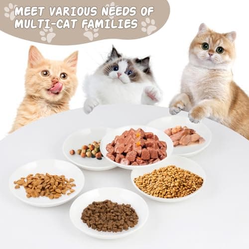 6 Pack Cat Food Bowl, Ceramic Cat Bowls, Anti Whisker Fatigue Cats Bowl Set,5.5 Inches Shallow Wide Kitten Plates for Food and Water (Cat's Paw+Fishbone) 5