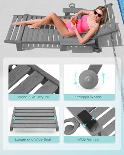 Serique Chaise Lounge Chair Outdoor with Wheels, Oversize Patio Lounge Chairs with Wood Texture, 5-Position Plastic Lounge Chairs for Poolside, Patio, Deck, Beach 5