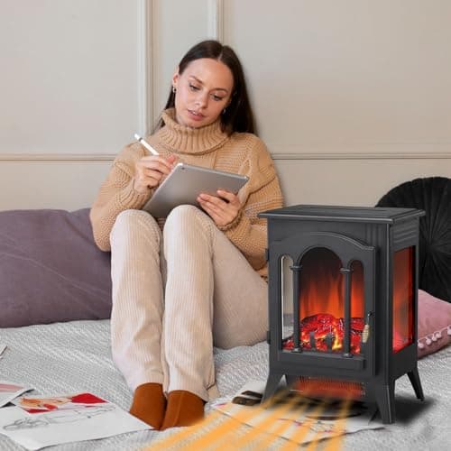 Xbeauty 23'' Electric Fireplace Stove, Freestanding Fireplace Stove with Adjustable Realistic 3D Flame Effect, Overheating Protection, 1000W/1500W 6