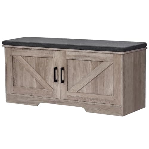 HOMSHO 2-Tier Storage Bench, 39.4" Wide Shoe Bench with Padded Seat Cushion, Entryway Bench with 2 Barn Doors and Adjustable Shelf, Greige
