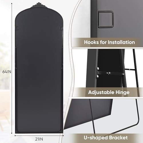 Antok Arched Full Length Mirror, 64"21" Floor Freestanding With Carved Metal Frame, Traditional Vintage Ornate Baroque, Full Body for Home Decor, Hanging Mounted, Black 7
