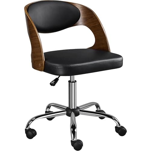 Yaheetech Adjustable Office Armless Desk Chair Walnut Wood Finish Height Adjustable Swivel Computer Desk Draft Chair with Leather Seat, Black