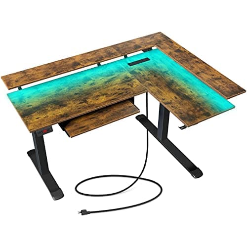 Rolanstar L Shaped Standing Desk with Keyboard Tray, Height Adjustable Corner Desk with LED Light & Power Outlet, Electric Sit Stand Computer Desk with Monitor Stand, Rustic Brown