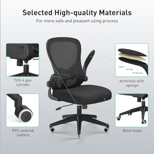 Hbada Office Chair Ergonomic Desk Chair, Office Chairs with PU Silent Wheels, Breathable Mesh Computer Chair with Adjustable Lumbar Support, Flip-up Armrests, Tilt Function, Black 8