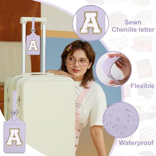 Initial Luggage Tags for Suitcases, Cute Letter Luggage Bag Suitcase Identifier Name Baggage Tag, PU Leather Travel Luggage Tags, Bag Tags for Men Women Kids Luggage Handbags(Purple-White A) 7