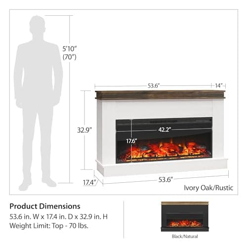 Ameriwood Home Mateo 53.5 Inch Electric Fireplace with Mantel, Replaceable Fireplace Insert Heater, Remote Control, Timer, Realistic Log and Flame Effect, for The Living Room or Bedroom, Ivory Oak 5