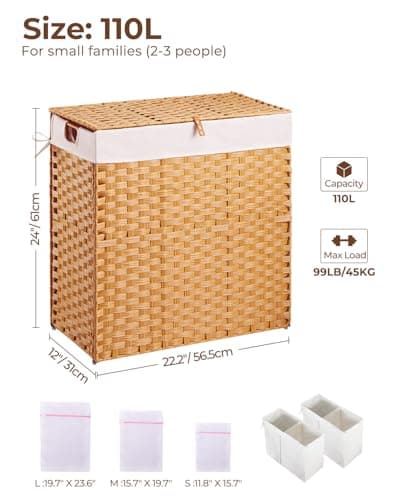Greenstell Laundry Hamper with lid, No Install Needed, 110L Wicker Laundry Baskets Foldable 2 Removable Liner Bags, 2 Section Clothes Hamper Handwoven Rattan Laundry Basket with Handles, Natural 5