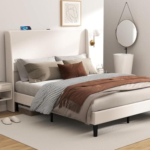 GTRACING Queen Size Bed Frame, Upholstered Platform Bed Frame with USB Type-C Tall Headboard Wingback, Soft Velvet Fabric, No Box Spring Needed, Easy Assembly, Cream 8