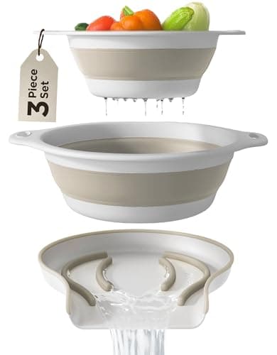 Collapsible Colanders (2 Pack Set) Food Strainers with Over-Sink Water Draining Base for Pasta Fruits and Vegetables (4 and 5 Quart) - White Beige
