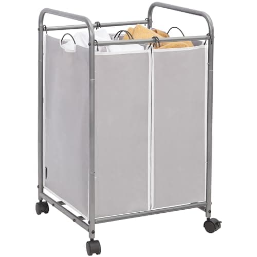 STORAGE MANIAC Laundry Sorter 2 Section, 90 L Gal Laundry Hamper with Wheels, Clothes Basket Separator Sorter, 2 Bag Clothes Cart with Wheels and Removable Bags for Closet, Dorm, Collage, Grey