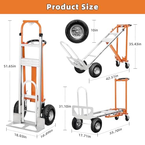 Aluminum 4 in 1 Convertible Hand Truck Dolly, 1000Lbs Capacity, Heavy Duty Folding Hand Truck Dolly Cart with Wheels 10" All-Terrain Tires, Hand Trucks for Logistics, Moving Home, Shopping, Office 6