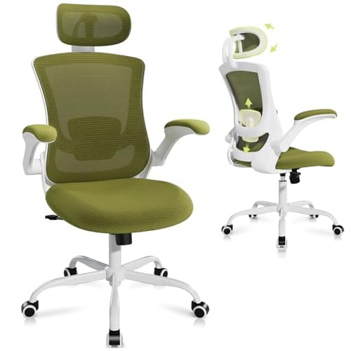 Ergonomic Office Chair with Adjustable Lumbar Support & Headrest, High Back Mesh Desk Chair with Flip-Up Armrests, Breathable & Comfortable Computer Chair for Home, Office & Study –Green