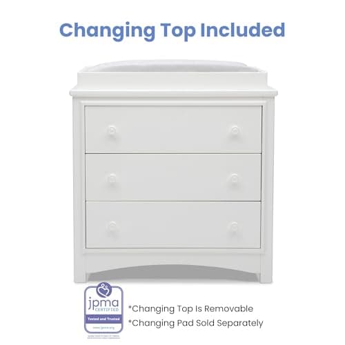 Delta Children Perry 3 Drawer Dresser with Changing Top and Interlocking Drawers, Bianca White 7