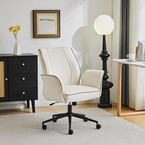 VINGLI Bloom Chair,Comfy Home Office Desk Chair with Wheels & Padded Armrests,Aesthetic Vanity Chair with Back,Height Adjustable Swivel Rolling for Makeup, Computer Task,Study,Bedroom,Velvet,White