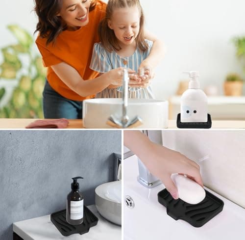 2 Pack Silicone Soap Dish with Drain, Bar Soap Holder for Shower,Bathroom and Kitchen Sink Organizer,Self Draining Waterfall Soap Tray (Black) 5