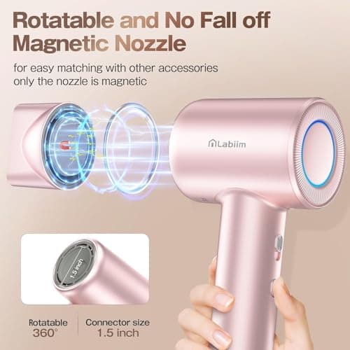 Labiim Hair Dryer, High-Speed Ionic Low Noise Blow Dryer with Brushless Motor for Fast Drying, Thermo-Control Quiet Compact Hair Blow Dryer, Hairdryer with 1 Nozzle Attachments for Home Salon Travel 6