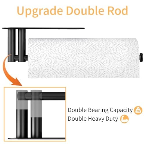 Under Cabinet Paper Towel Holder for Kitchen, Upgraded Heavy Duty Double Pole Design, Both Available in Adhesive & Screws, Self-Adhesive Bar Rack for Kitchen Towel, Stainless Steel, Black 2