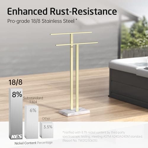 KES Standing Towel Rack with Marble Base, 2-Tier Towel Stand for Bathroom Floor, Upgrade Steady Design, T-Shaped Towel Drying Rack Gold, SUS304 Stainless Steel, Brushed Gold Finish, BTH217-BZ 6