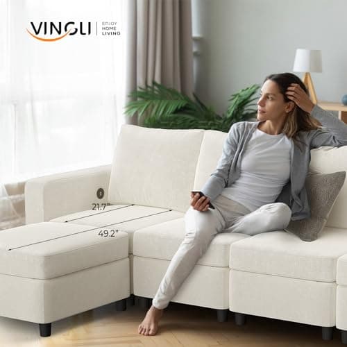 VINGLI 108" U-Shaped Storage Modular Sectional Sofa Sleeper in USB Built-in Charger, Convertible Couch Bed with High-Resilience Foam, 4 Deep Seaters Module/2 Ottomans(Chaises),Chenille/Cream White 9