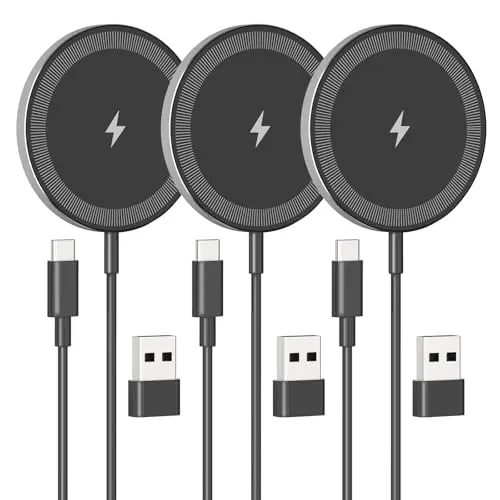 3Pack Magnetic Wireless Charging Pad: 15W Fast Qi Wireless Charger for iPhone 17 16e 16 15 14 13 12 Series & AirPods 4 3 2 Pro 3 - Strong Magnet Dual Ports Slim Portable for Travel Home Office