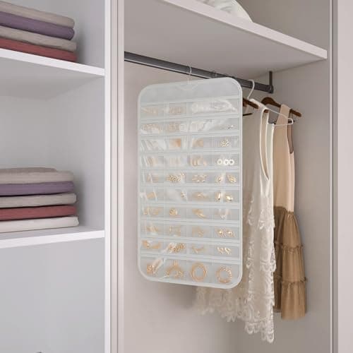 DonYeco 1 Pack Hanging Jewelry Organizer 80-Pocket Dual-sided Jewelry Storage for Earring Necklace Bracelet Ring Travel Holder, White 8