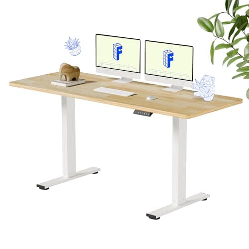 FLEXISPOT EN1 Solid Wooden One-Piece Standing Desk, 63 x 24 Inches Sit Stand Home Office Desks, Sustainable Sturdy and Stable (White Frame + Rubber Wood Top, 2 Packages)