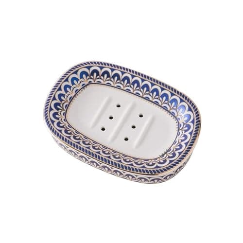 Self Draining Soap Dish, Double-Layer Bar Soap Tray, White Ceramic Soap Dish with Elegant Patterns (Style C)