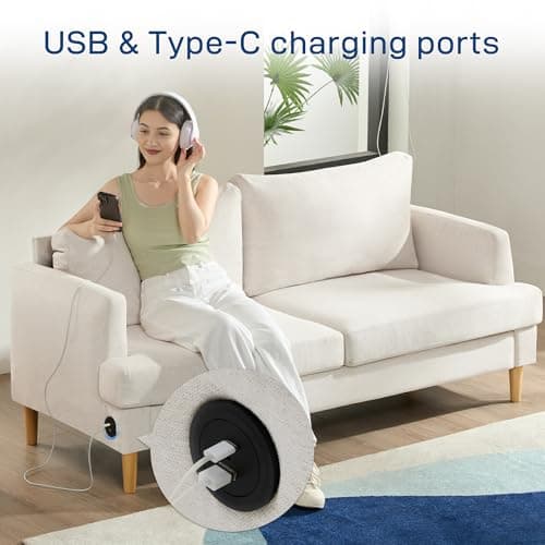 Small Loveseat Sofa for Living Room - 70'' Beige Couch with USB for Bedroom and Office - Modern Love Seat Sofa Deep Seating for Apartment Furniture - Comfy Two Seater Couches Sleeper Sofas (Off-white) 5