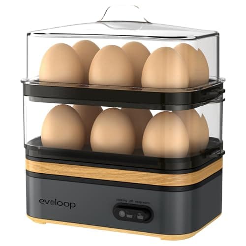 Evoloop Rapid Egg Cooker Electric 12 Eggs Capacity, Soft, Medium, Hard Boiled, Poached, Omelet Maker Egg Poacher & Vegetable Steamer, BPA Free Tray(Grey)