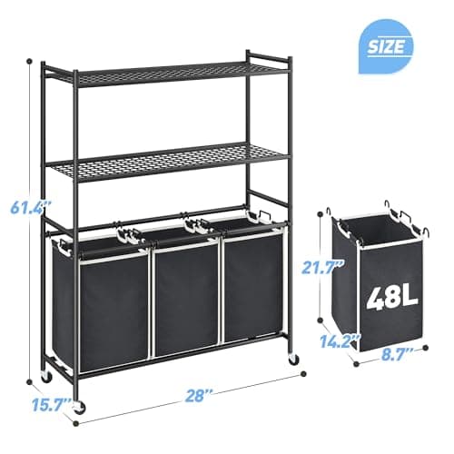 Raybee Laundry Sorter 3 Section Rolling Hamper Cart with Shelf 225L Large Basket Organizer Compartment Hampers for Room Organization and Storage Lockable Wheels, Black, W19R 6