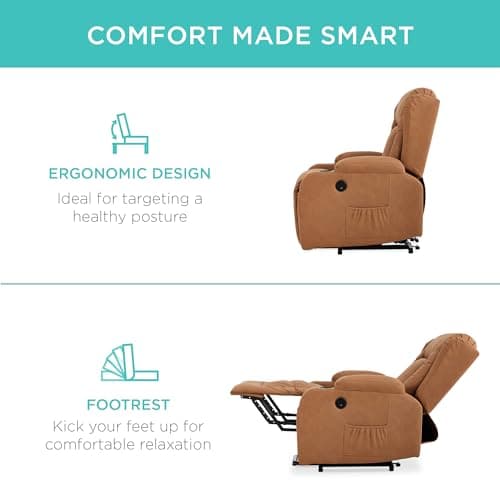 Best Choice Products PU Leather Electric Power Lift Chair, Recliner Massage Chair, Adjustable Furniture for Back, Legs w/ 3 Positions, USB Port, Heat, Cupholders, Easy-to-Reach Side Button - Cognac 7