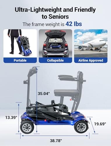 4 Wheel Mobility Scooter, Electric Mobility Scooter for Adults, Driving 22 Miles, Airlines Approved, Foldable Scooter w/249WH*2 Batteries Charger Under Seat Storage Dustproof Cover (Blue) 8