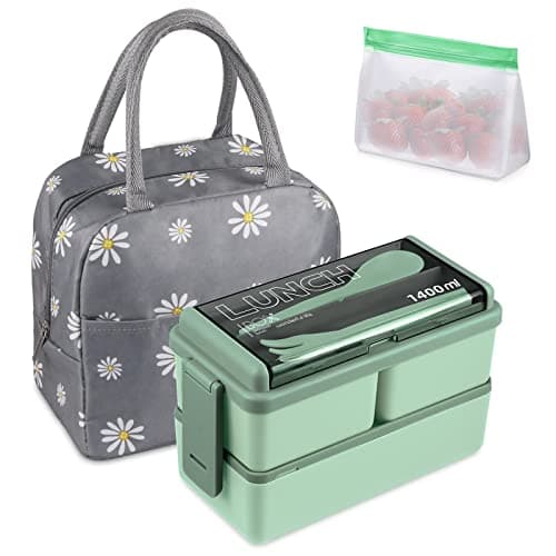 NatraProw Bento Box Adult Lunch Box, Stackable Bento Box Set with 3 Compartments, 47.35OZ Lunch Box Containers with Lunch Bag, Snack Bag and Utensils, Microwave/Dishwasher Safe (Green)