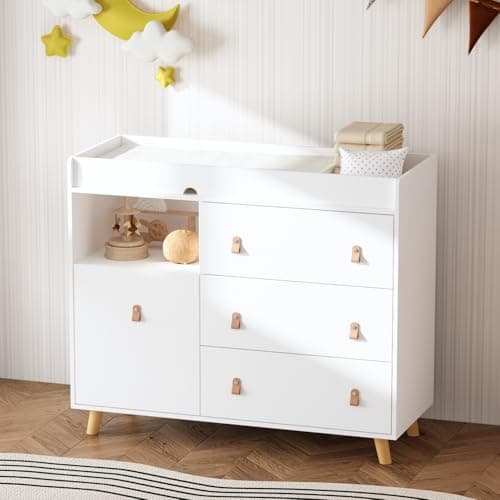 ROMSHINE Baby Dresser with Changing Table Top, 4 Drawers Nursery Dresser with Removable Guard, Infant Diaper Changing Station Baby Cloth Organizer for Nursery and Kids Bedroom, White - 44.9" W