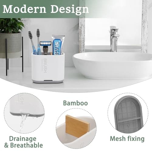 Toothbrush and Toothpaste Holder with Bamboo Divider for Bathroom Countertop Organizer, Detachable for Easy Clean, 2 Slots Electric Toothbrush Holders Storage Caddy Drainage for Family-White 2