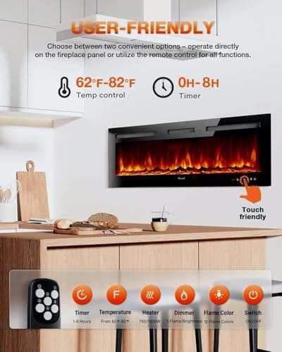 VISVEIL Electric Fireplace 60Inch,Wall Mounted Electric Fireplace Heater with Timer Inserts，TV Stand Touch Screen and Realistic Flame,Log Set,Crystal Flames 750 to 1500W，Remote for Living Room 3