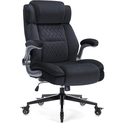 High Back Office Chair 400lbs-Adjustable Built-in Lumbar Support, Flip Arms, Locking Wheels-Fabric Ergonomic Computer Desk Chair with Heavy Duty Base, Thick Padded Large Work Chairs