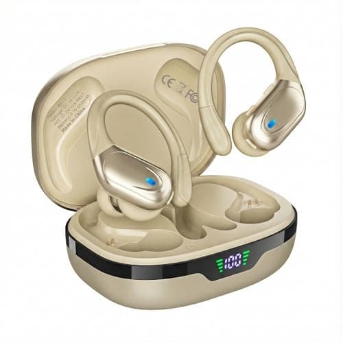 HAOYUYAN Wireless Earbuds Bluetooth 5.3 Headphones with 80H Playback, IPX7 Waterproof Over Ear Buds with LED Power Display for Sports Running Workouts (Khaki)