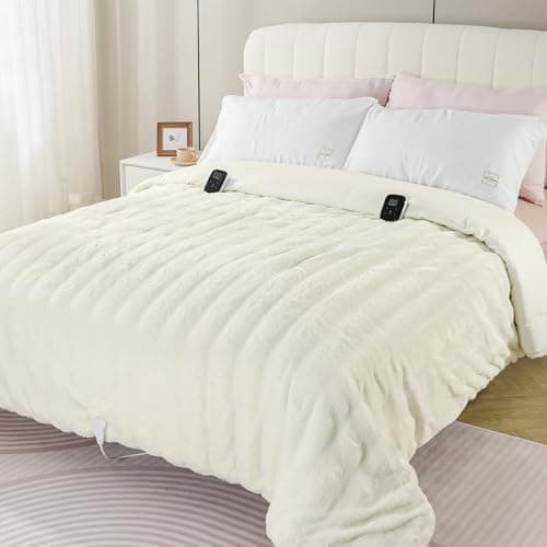 TiMiCalda Heated Comforter Blanket King - Fluffy Faux Rabbit Fur Thick Comforter with 6 Heat Levels & 1-10 Hours Time Settings, Wireless LCD Controller, 90"x104", Cream